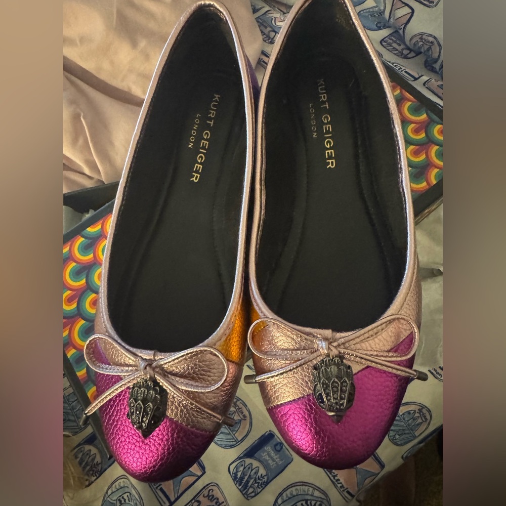 Kurt Geiger Pink and Gold Flats with Bow Detail